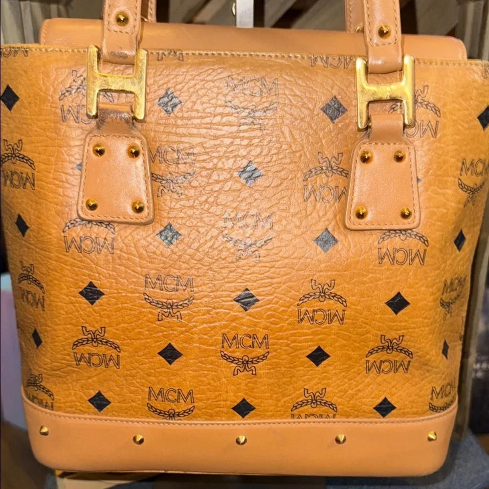 MCM Mini Cognac Leather Tote with Logo Pattern - Picture 3 of 16